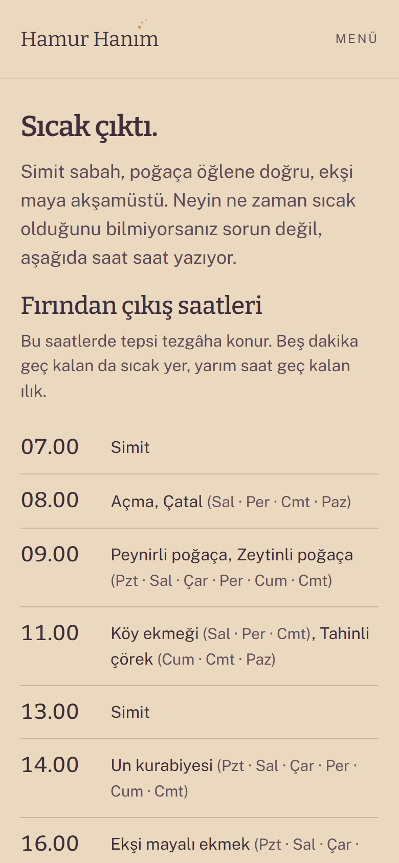 Hamur Hanım örnek sitesinin telefon görünümü: ana sayfa