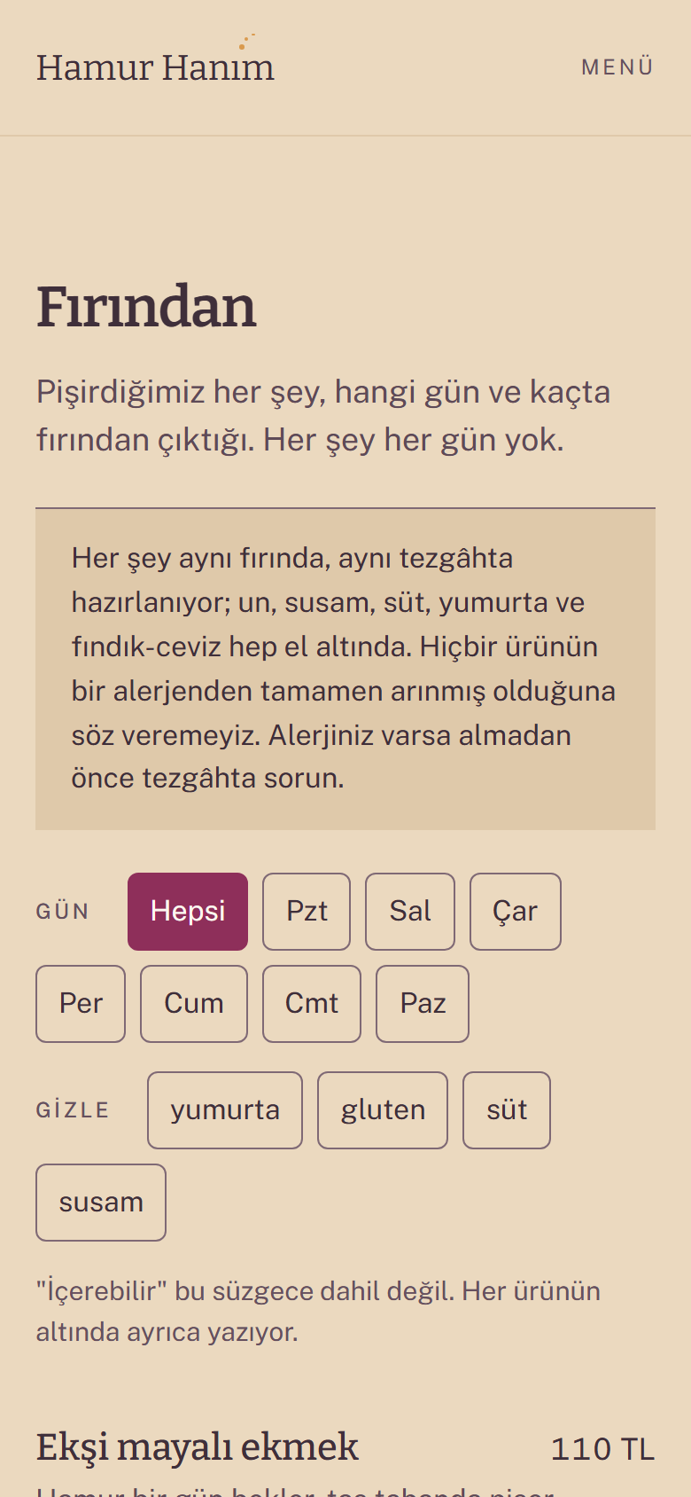 Hamur Hanım örnek sitesinin telefon görünümü: iç sayfa