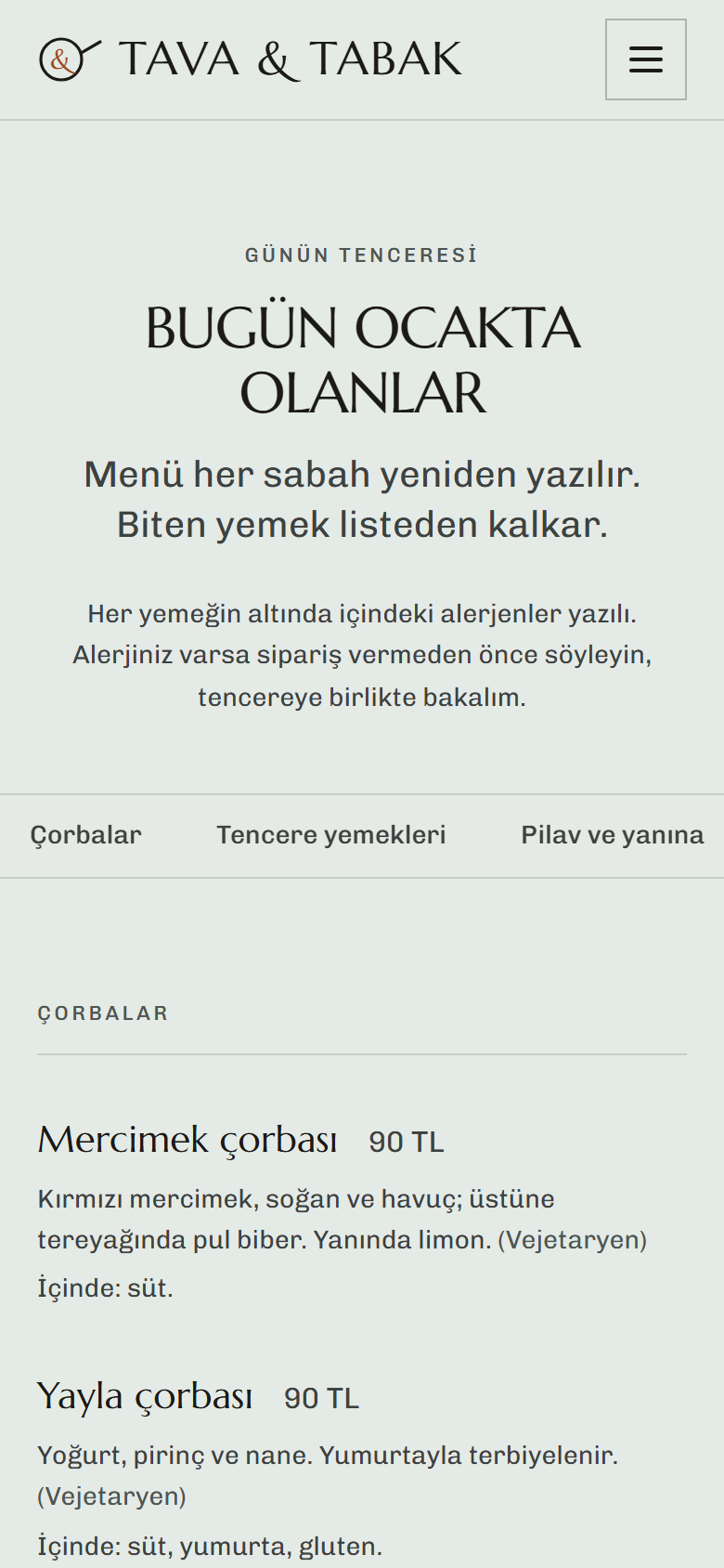 Tava & Tabak örnek sitesinin telefon görünümü: menü sayfası