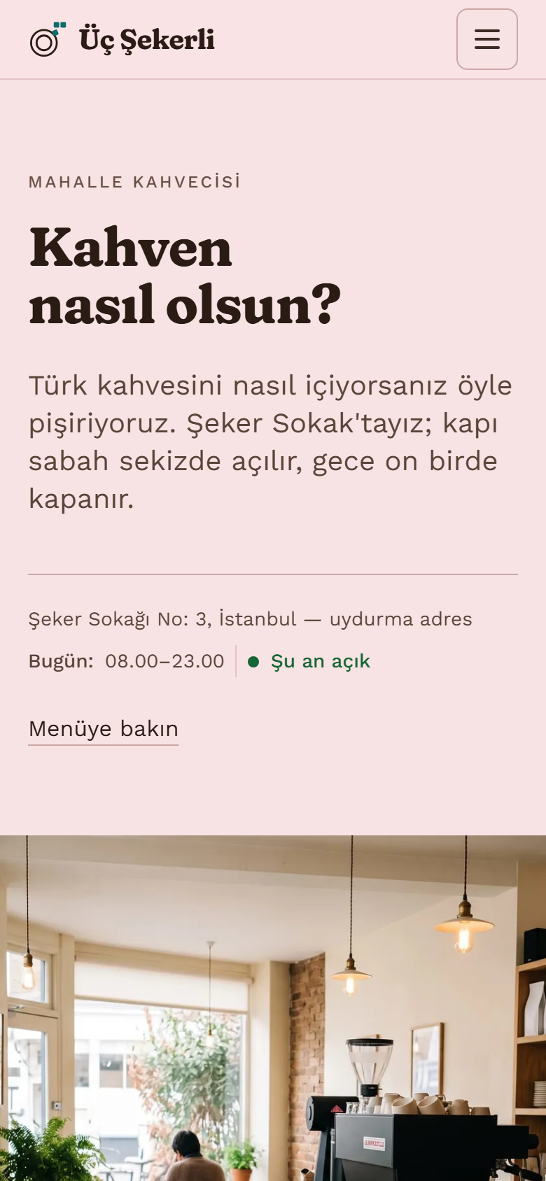Üç Şekerli örnek sitesinin telefon görünümü: ana sayfa
