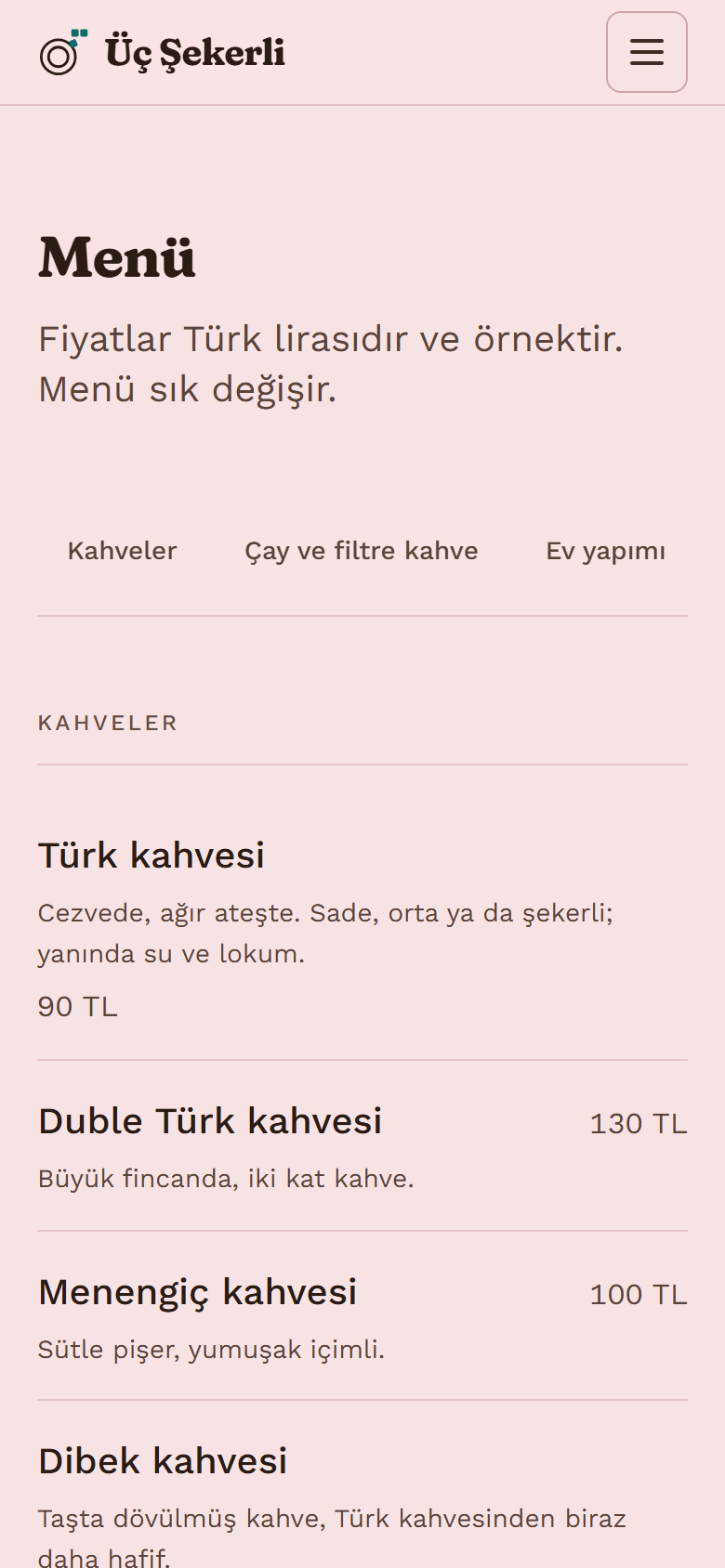 Üç Şekerli örnek sitesinin telefon görünümü: menü sayfası